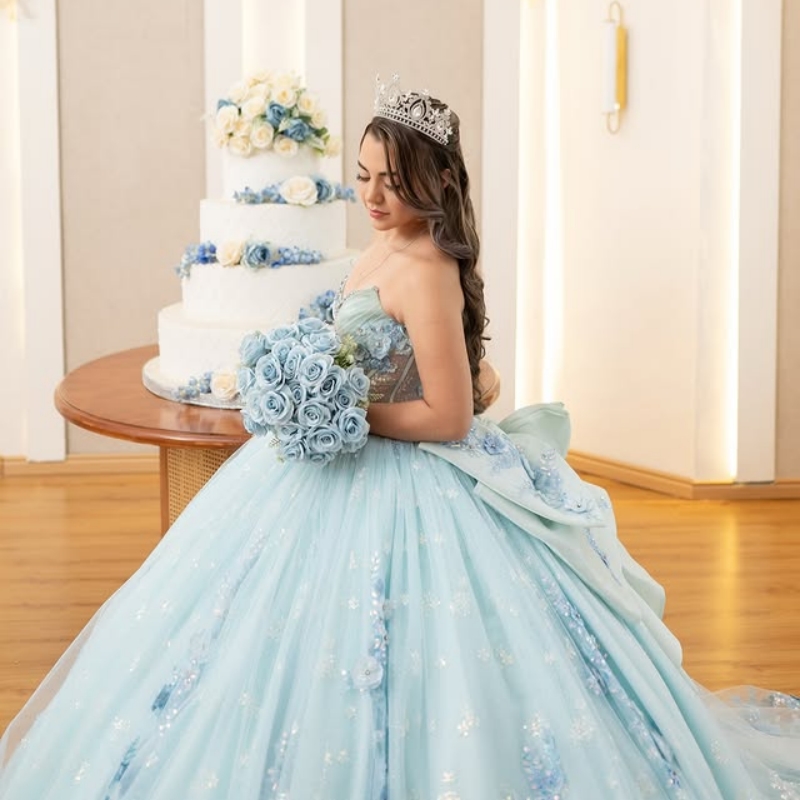 Sky Blue Shiny Quinceanera Dresses Off The Shoulder Applique Flower Beads Corset Tull Party Birthday Sweet 16 Dress Vestidos 15 De Anos