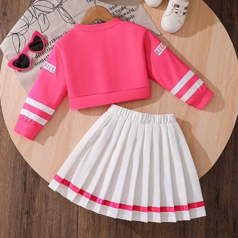 Spring Summer VNeck Letter Print Short Sweater Elastic Waist Pleated Overskirt Suit for 47 Year Old Girls Sweet Lovely Outfit L250926SYN6