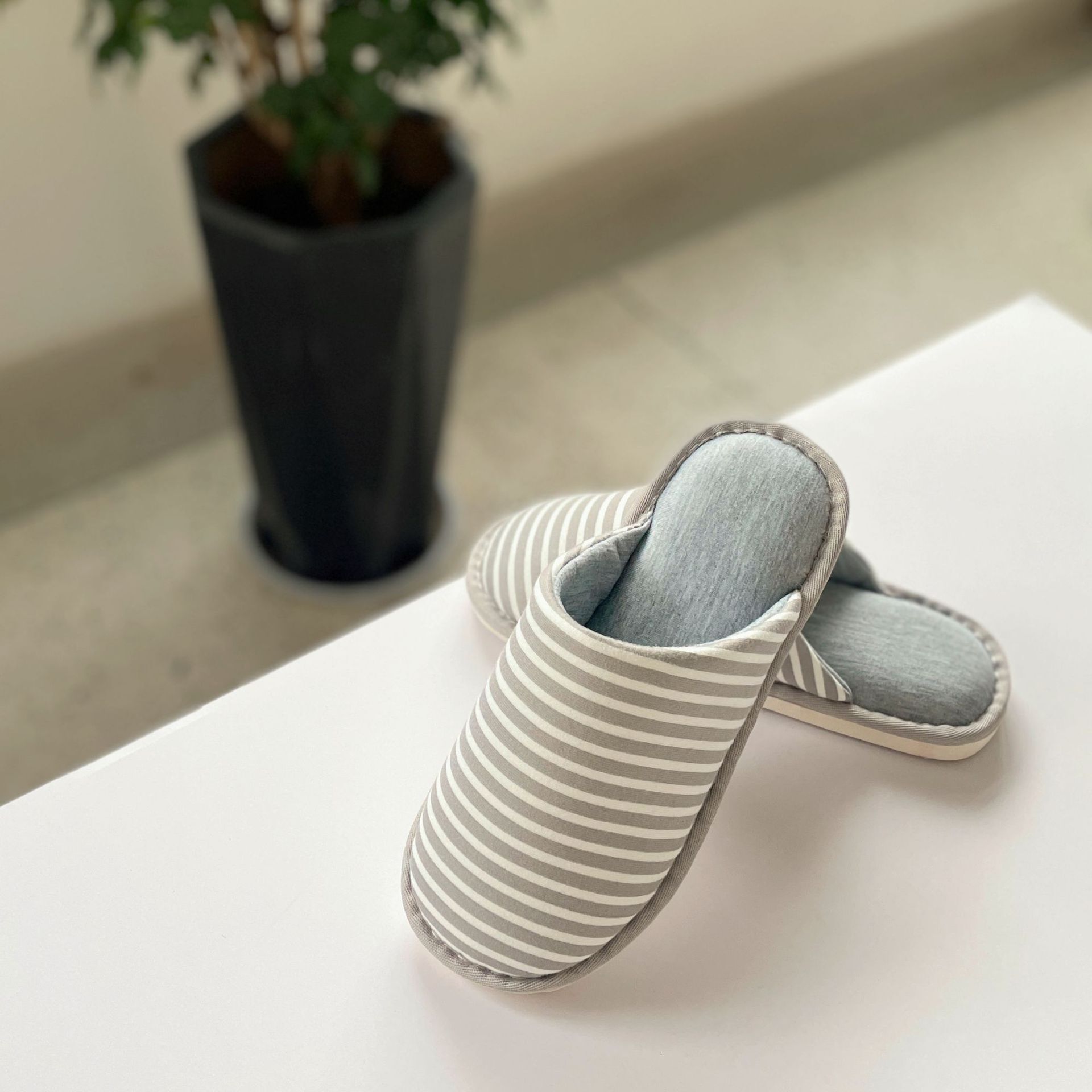 Spring Autumn Winter Home Indoor Household Non-Slip Floor Couple Striped Cotton Slippers for Men and Women ddmymarket