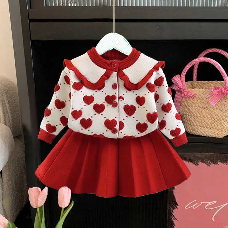 Childrens Suit Sweet Girls Love Sweater Striped Knitted Skirt Two Pieces Suit L25092675V4