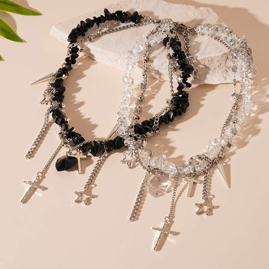 Collarbone Necklace Star Inlaid Dia Cross Heart Artificial Stone Personality Niche Elegant High-end Collarbone Necklace for Women