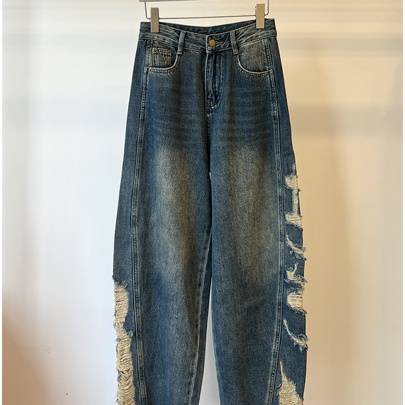 Women's Jeans Women's High-Waisted Floor-Length Denim Jeans-Waisted Slimming Ripped Washed Loose Straight-Leg Jeans Trousers CK006