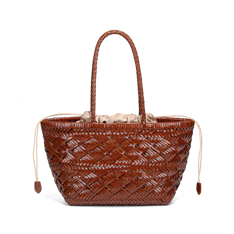 Fully Handwoven Rattan French Korean Style Single Shoulder Crossbody Genuine Leather Vegetable Basket Vacation Handheld Bucket Bag