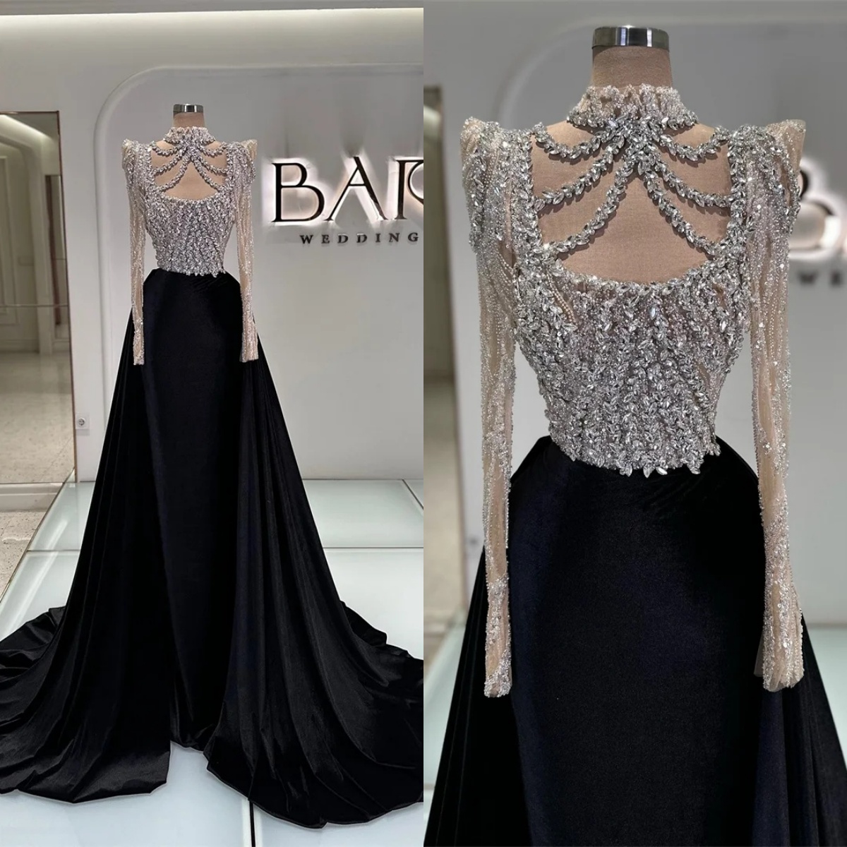 Graceful Evening Dresses High Neck Crystal Prom Gowns with Overskirts Beading Long Sleeves Princess Customized Vestidos De Noche Plus Size