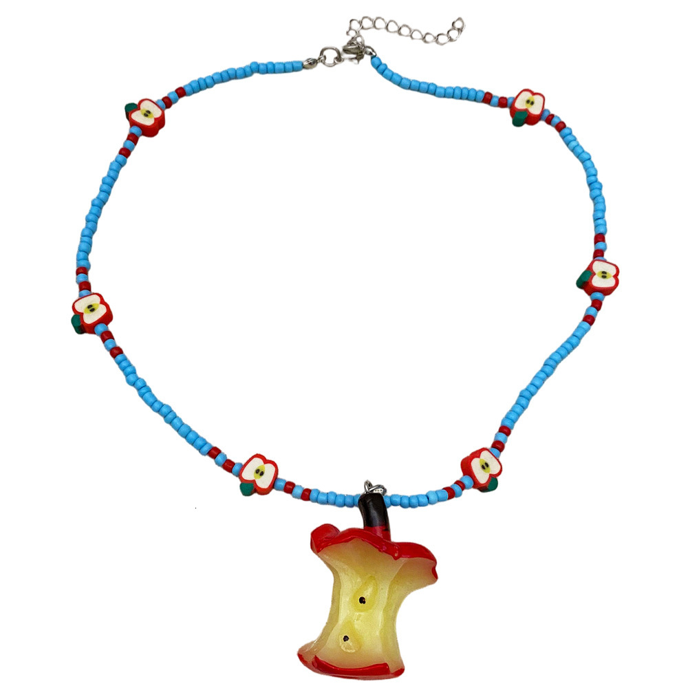 Summer Dopamine Core Beaded Colorful Necklace for Women Sweet Cool Spicy Girl Versatile Collarbone Chain Green and Red Apple Earrings
