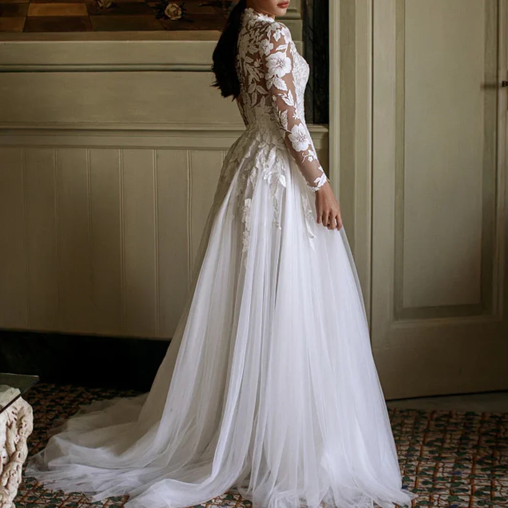 Classic A-line Wedding Dress 2026 High Neck Flowers Lace Appliques Illusion Long Sleeves Tulle Bride Party Gown Bridal Gowns Vestidos De Noiva