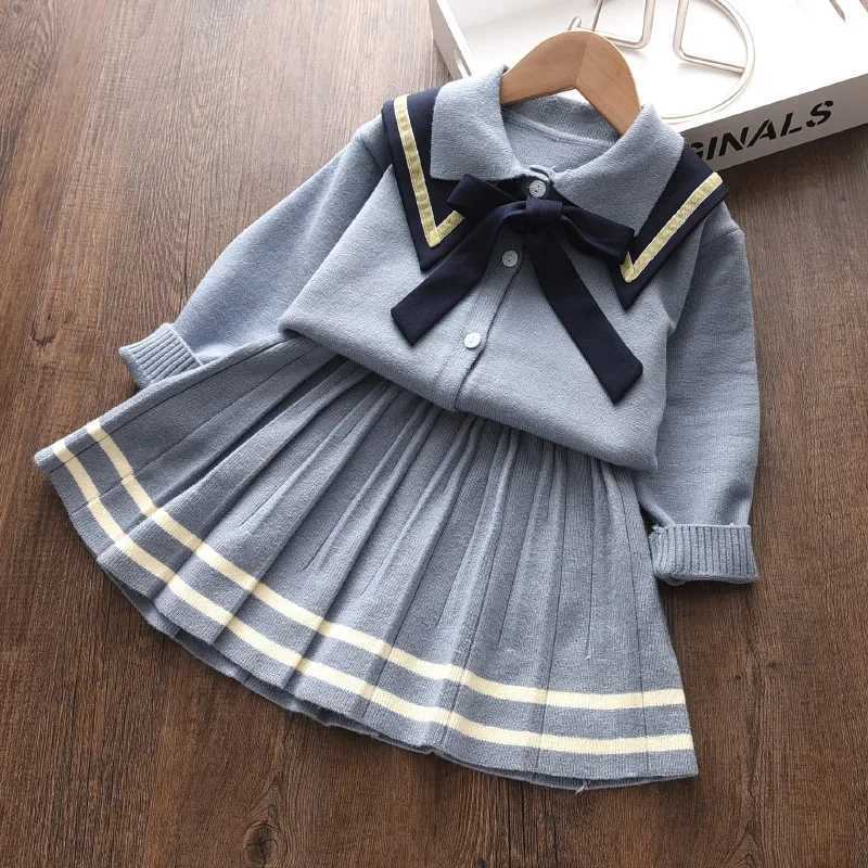 Girls Sweater Set Autumn Long Sleeve Knitted Outfits New Girls Preppy Bow Top and Pleated Skirt Two Piece Suits L250926XYF5