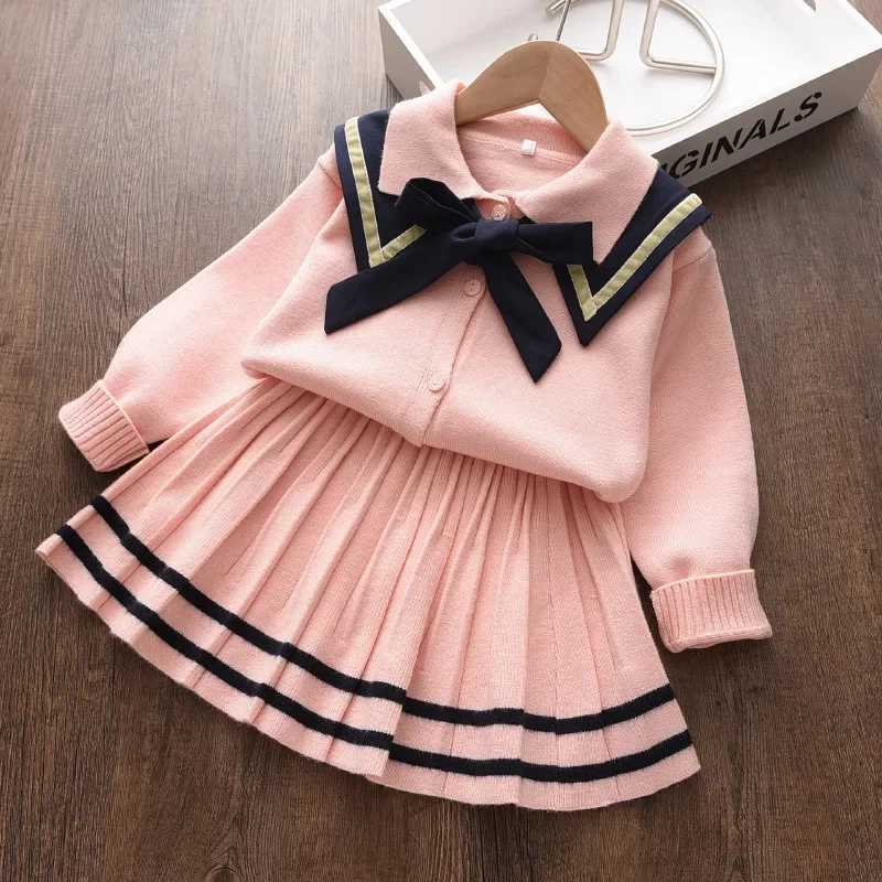 Girls Sweater Set Autumn Long Sleeve Knitted Outfits New Girls Preppy Bow Top and Pleated Skirt Two Piece Suits L250926XYF5