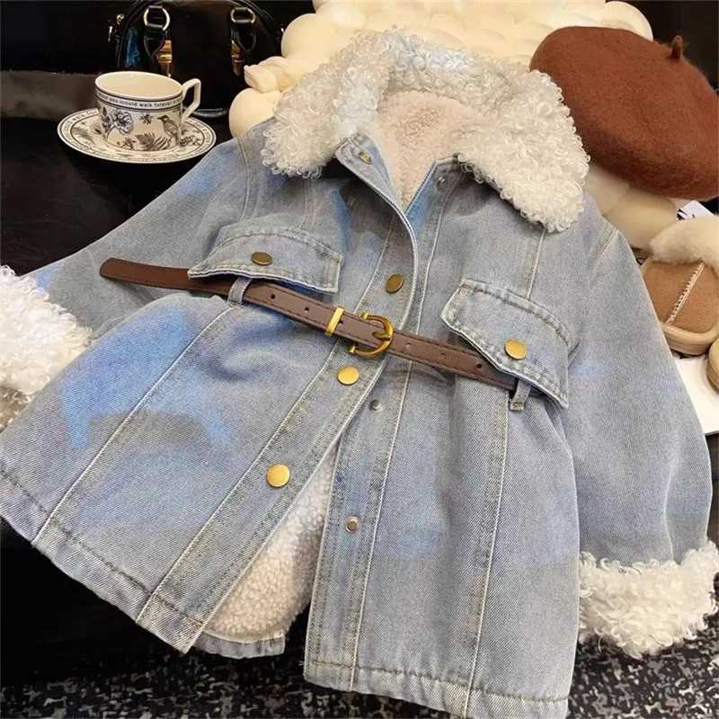 Girls Velvet Warm Denim Jacket 2025 New Korean Children Medium Long Thick Autumn and Winter Coat Trend L250926EFKI