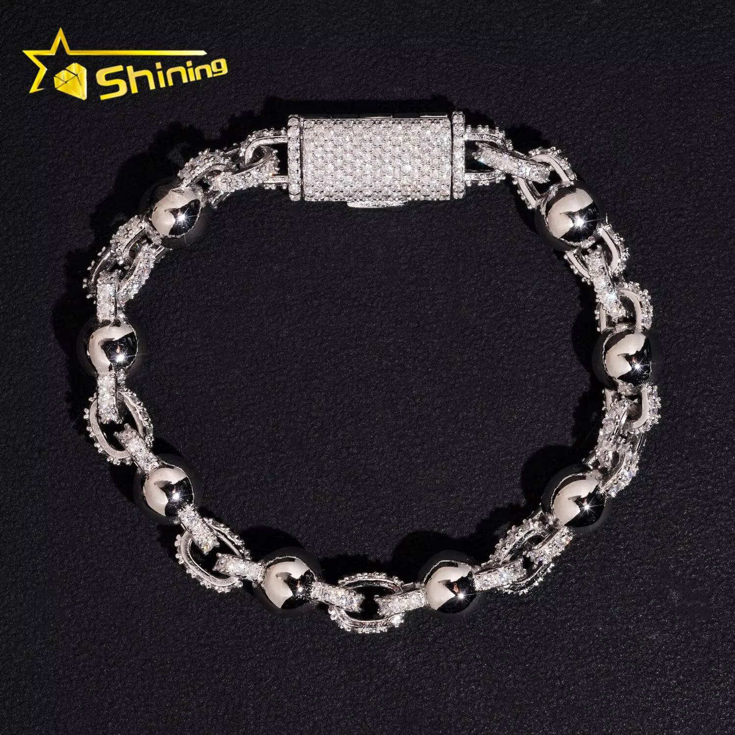 GRA Certificate 925 Sterling Silver Pass Diamond Tester Moissanite Bead 8mm Hip Hop Bracelet