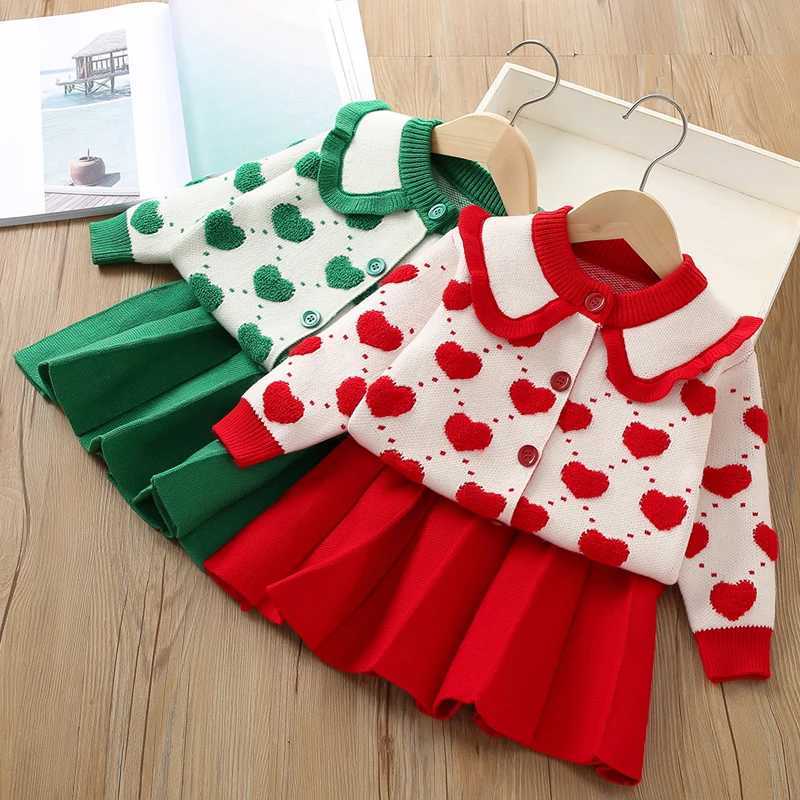 16 Years Baby Girls Sweater Clothing Set Autumn Winter Heart Print Knitted CardiganSkirt 2Pcs Suit For Girls Fashion Outfit L250926D9CL