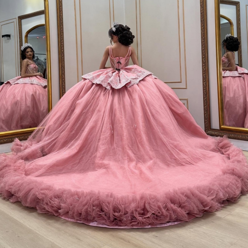 Pink Shiny Quinceanera Dresses Off The Shoulder Applique Lace Beading Crystal Corset Tiered Tull Party Birthday Sweet 16 Dress Vestidos 15 Anos
