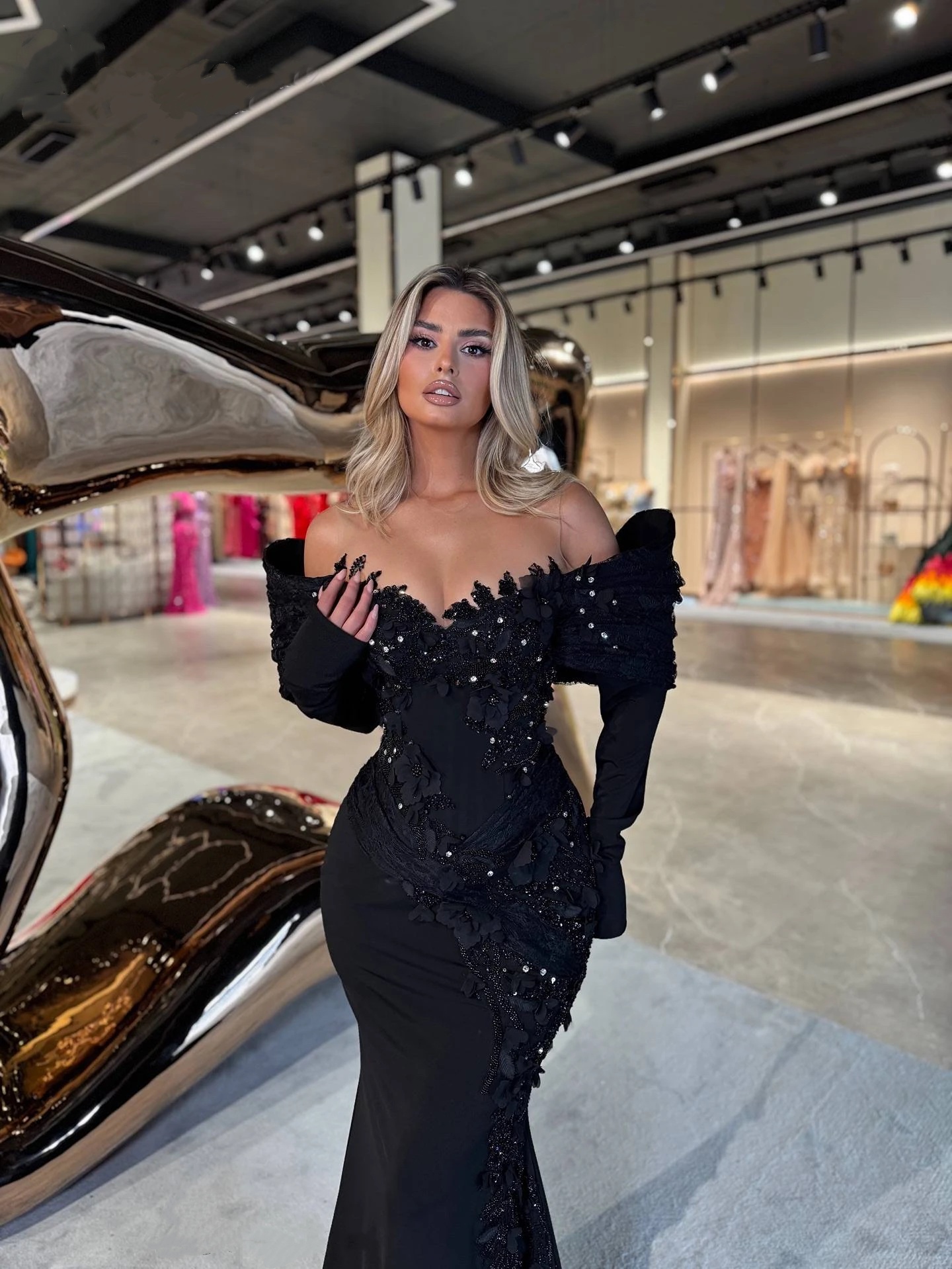 Vintage Appliques Evening Dresses Off Shoulder Prom Gowns Beading Rhinestone Long Sleeves Sequins Princess Customized Vestidos De Noche Plus Size