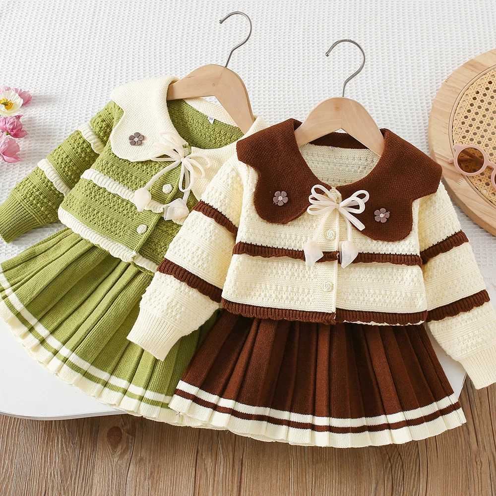 LILIGIRL Autumn Kids Sweater Set Sweet Flower Girls Baby Knitted Cardigan Short Skirt Color Blocked Korean Children Outf 9M5T L25092622U5