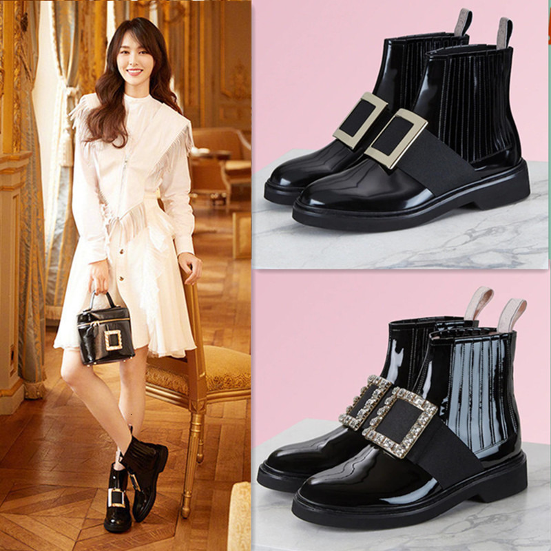 Ddmysports Patent Leather Rhinestone Square Buckle Flat Toe Marten Boots Women S Round Low Heel Adjustable Strap Short Rubber Sole Outdoor Shoes