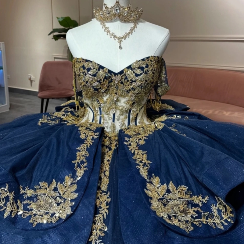 Navy Blue Shiny Off The Shoulder Quinceanera Dresses Gold Lace Applique Beading Bow Sweet 16 Vestidos De 15 Anos