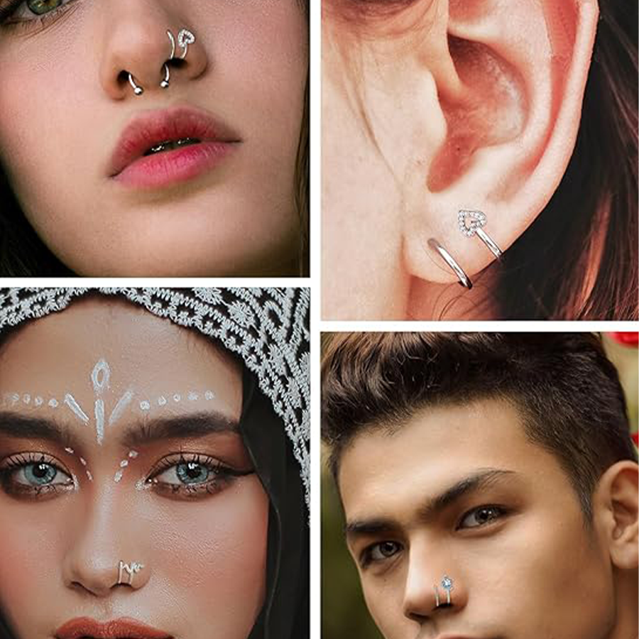 16PCS Nose Ring Hoop Stainless Steel Dangle Spiral Nose Rings Snake Flower Butterfly Wings Heart Ball Twist Earring Hoops Body Piercing Jewelry Silver