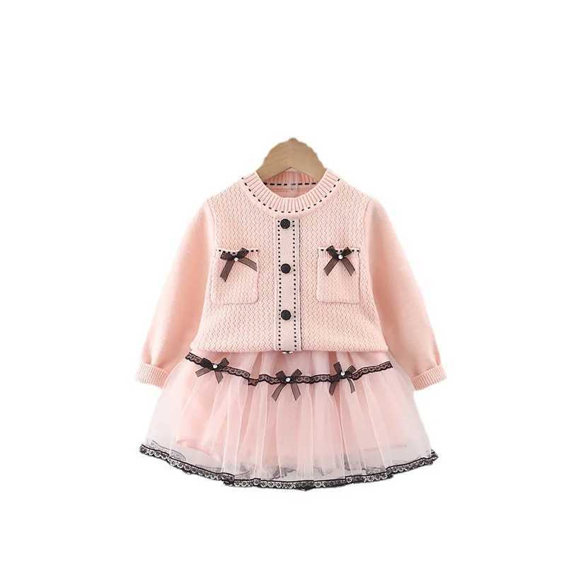 Children Sweater Set Korean Autumn Winter 2025 New Girls Sweet Bow Knitted Top Mesh Skirt Two Piece Set L2509263HZY