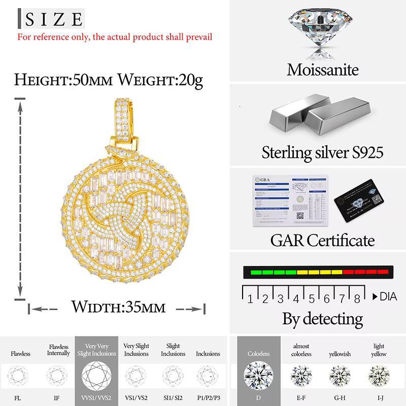 High Quality Baguette Moissanite Round Coin Pendant 925 Sterling Silver Lab VVS Diamond Iced Out Tourbillion Charm Necklace Men