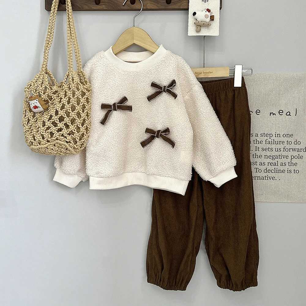 Girls Twopiece Set Spring Autumn Korean Version Plain Childrens Clothing Bow Decoration Long Sleeved TopSolid Color Pants L250926I2X8