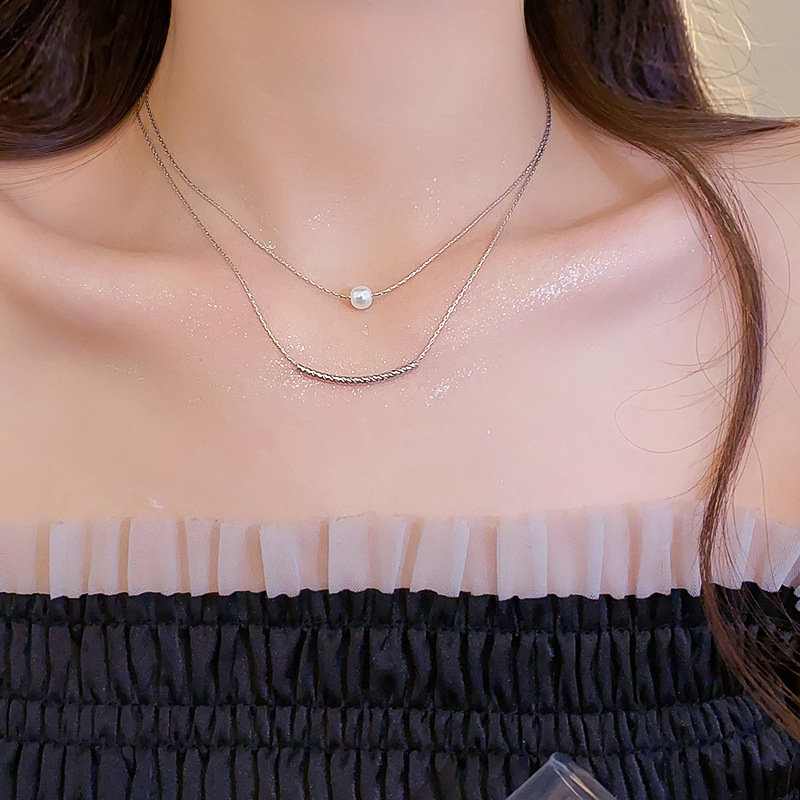 Silver - Toned Double - Layered Chain Necklace With Single Pearl Accent Delicate Daily & Minimalist Jewelry Gift For Her High - Quality And Elegant Ac