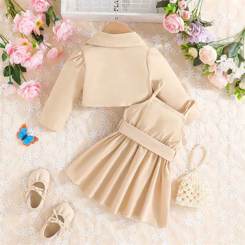 Little Girl 2 Pcs Dress Outfit Solid Color Long Sleeve Lapel Jacket with Cami Dress Spring Outfits L250926ZNIC