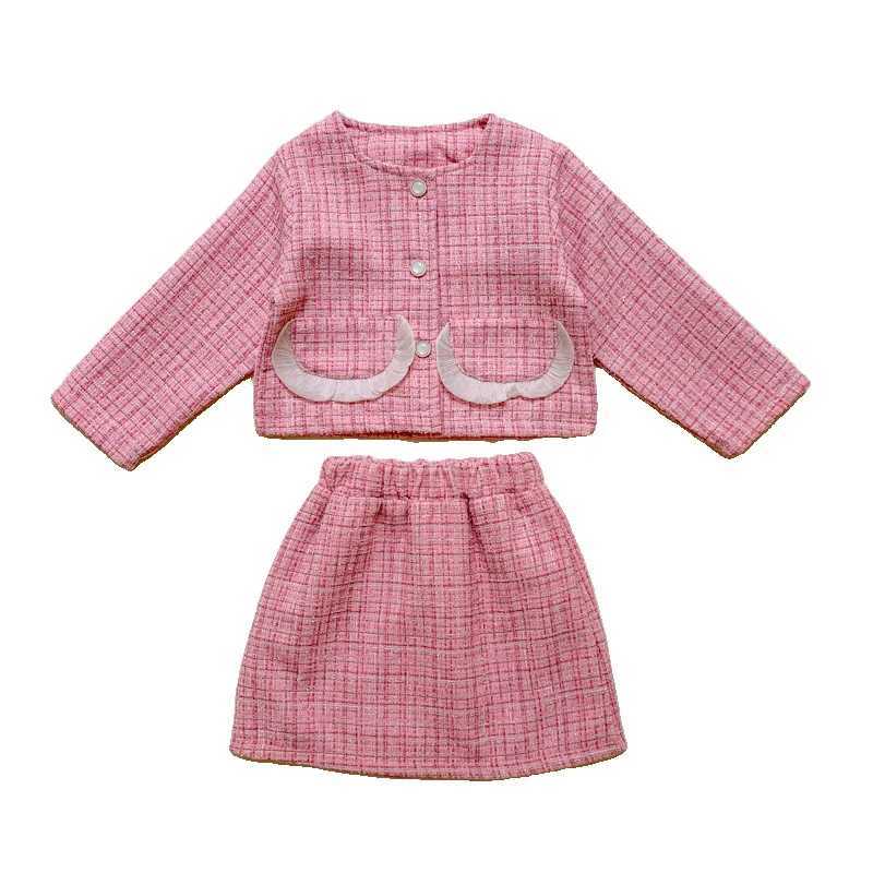 Girls Set Autumn 2022 New Lace Small Fragrant Woolen Coat Hip Wrap Dress Korean Two Piece Set L250926CNQY