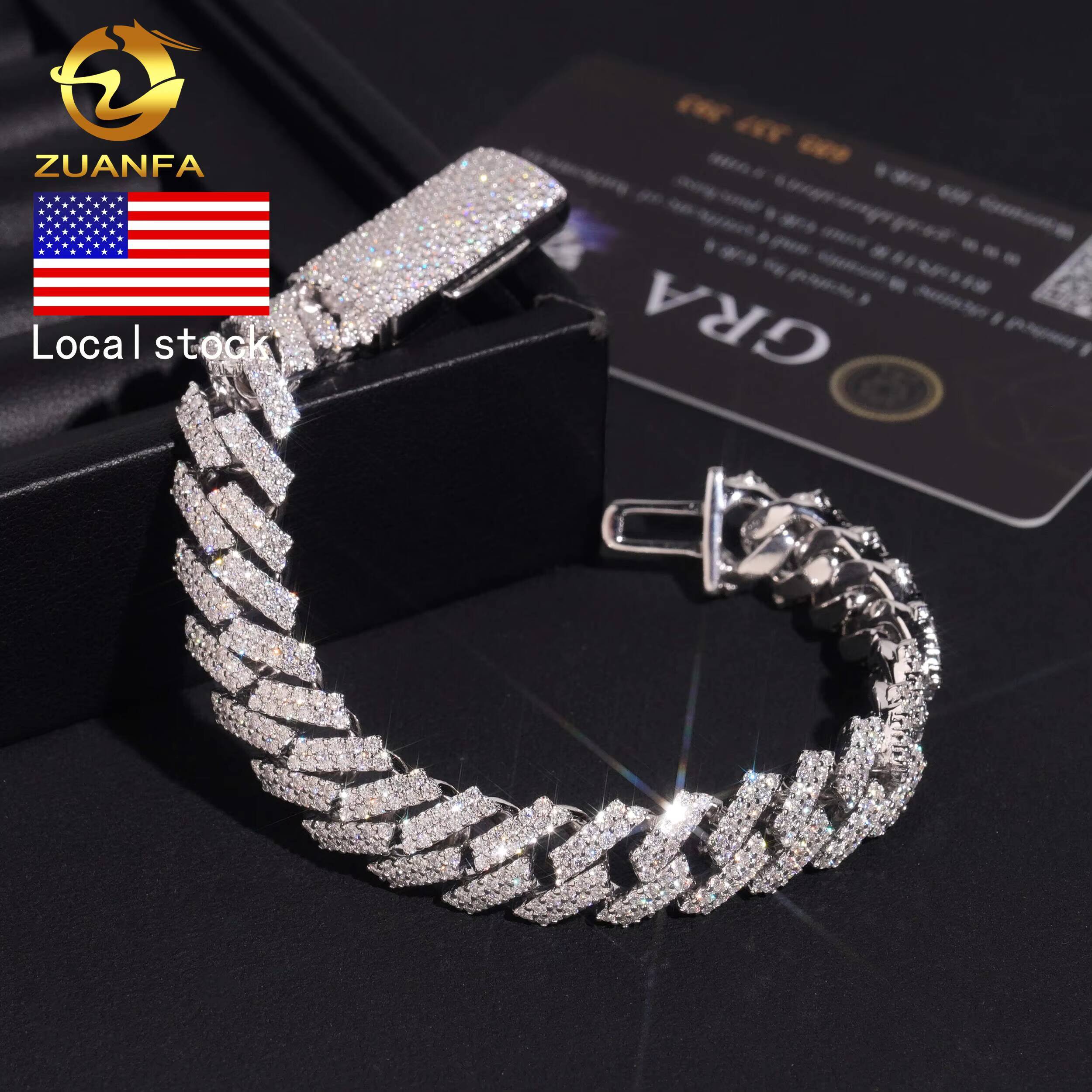 USA Local Fast Shipping 12MM Custom Hip Hop Jewelry Iced Out Diamond 925 Silver VVS Moissanite Cuban Link Chain Bracelet