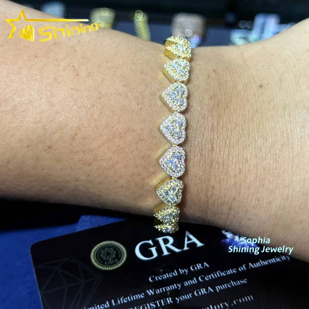 Heart Design Solid Silver 925 Hip Hop Iced Out Cuban Link Bracelet 8mm VVS Moissanite Diamond Womens Fine Jewelry Bracelet