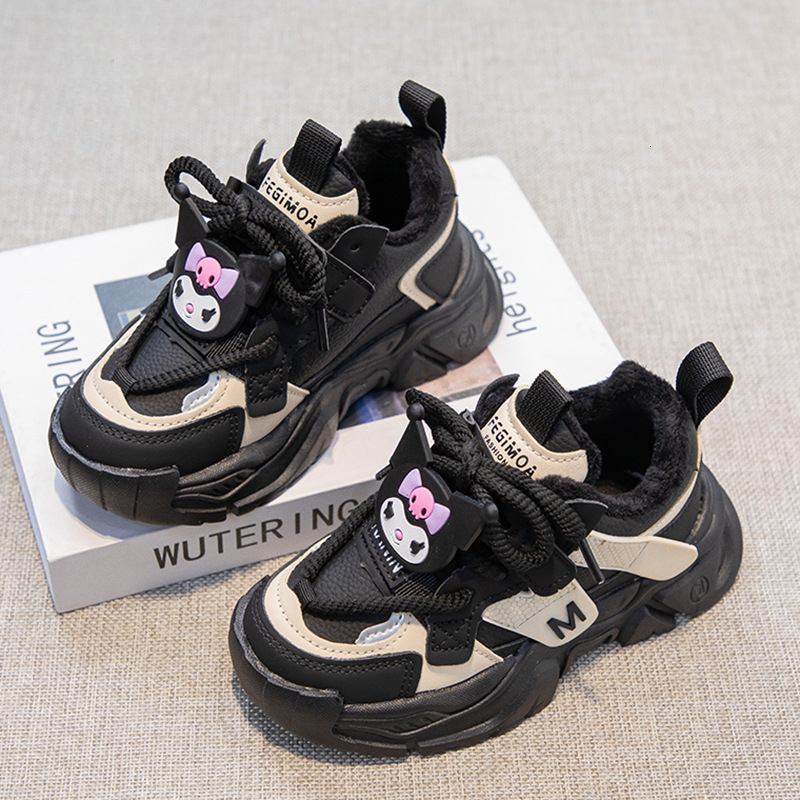 Girls' new winter children's sports cotton shoes, big children's wool lining, black rice dad shoes, girls' hot fashion designer sh