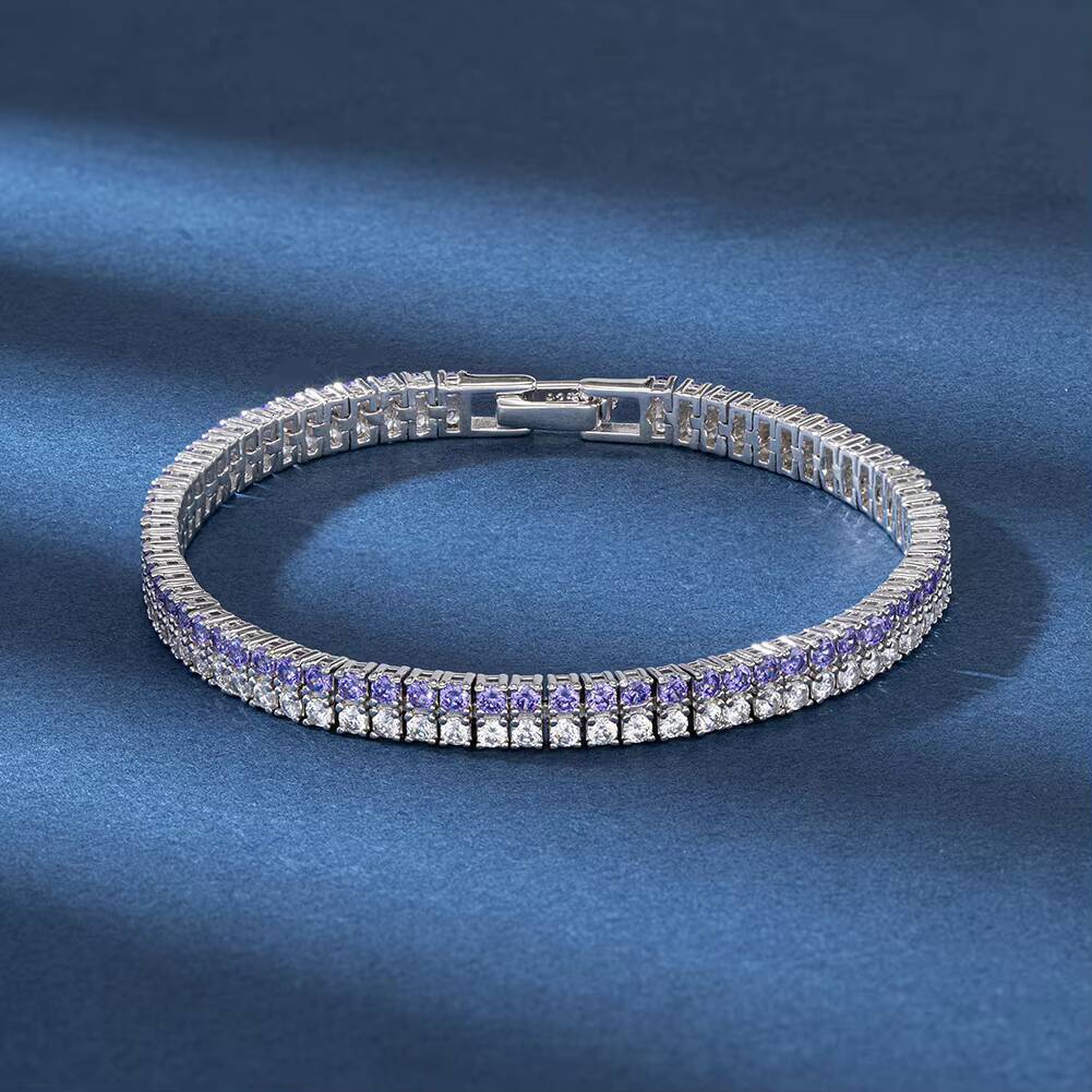 SB158 RINNTIN Rock 925 Silver Fine Jewelry 2 Rows 20mm Prong Setting Round Cut PinkWhite CZ Tennis Bracelet for Women