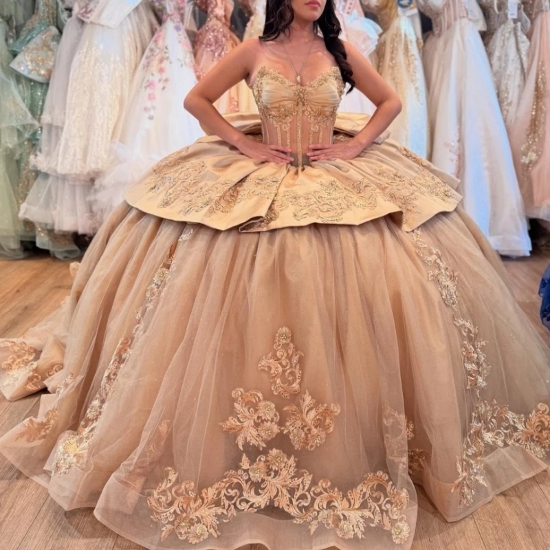 Champagne Sparkly Ball Gown Quinceanera Dresses Flower Lace Beading Crystal Tull Sweet 16 Dress Vestidos De 15 Anos