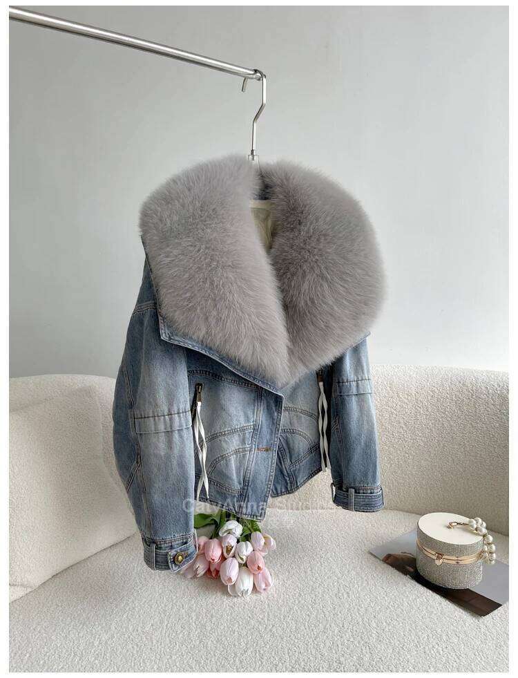 Spring 2025 New Womens Coats Real Fox Fur Collar Fashion Short Denim Jacket Goose Down Puffer Jackets 100% Natural