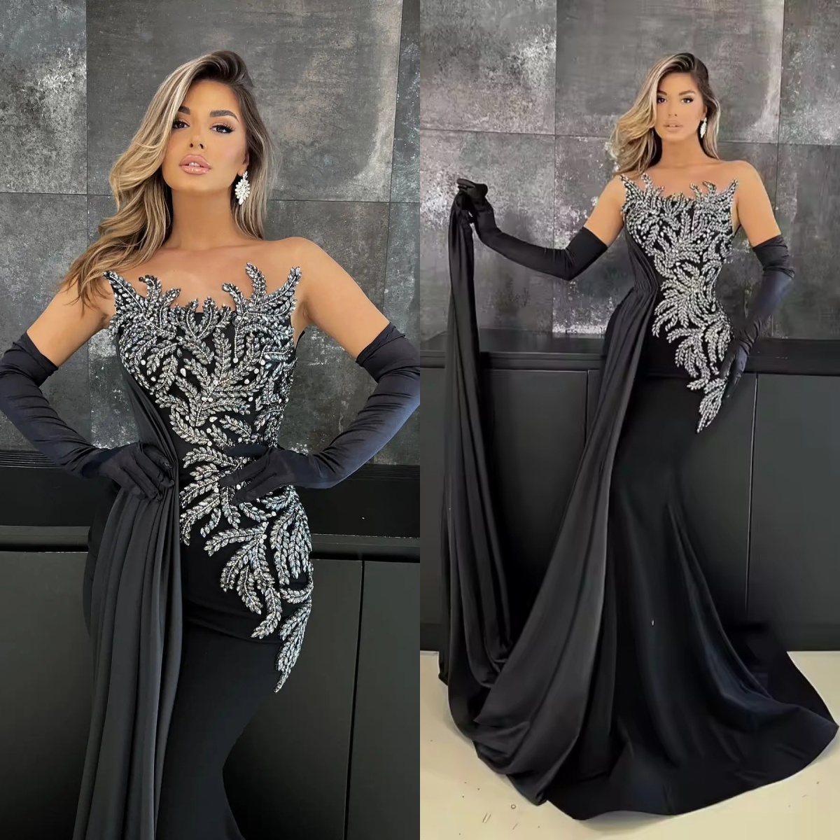 Stylish Evening Dresses Strapless Prom Gowns Crystal Rhinestone Sleevesless Princess Sweep Train Customized Vestidos De Noche Plus Size