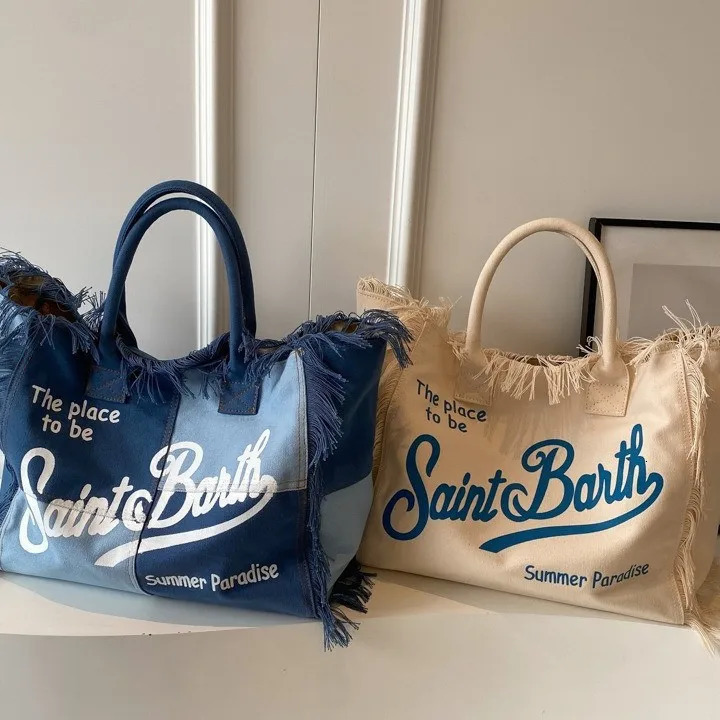 Saint Barth European American Womens Large Shoulder Bag Casual Beach Canvas Striped Tassel Tote Travel Bag 250922