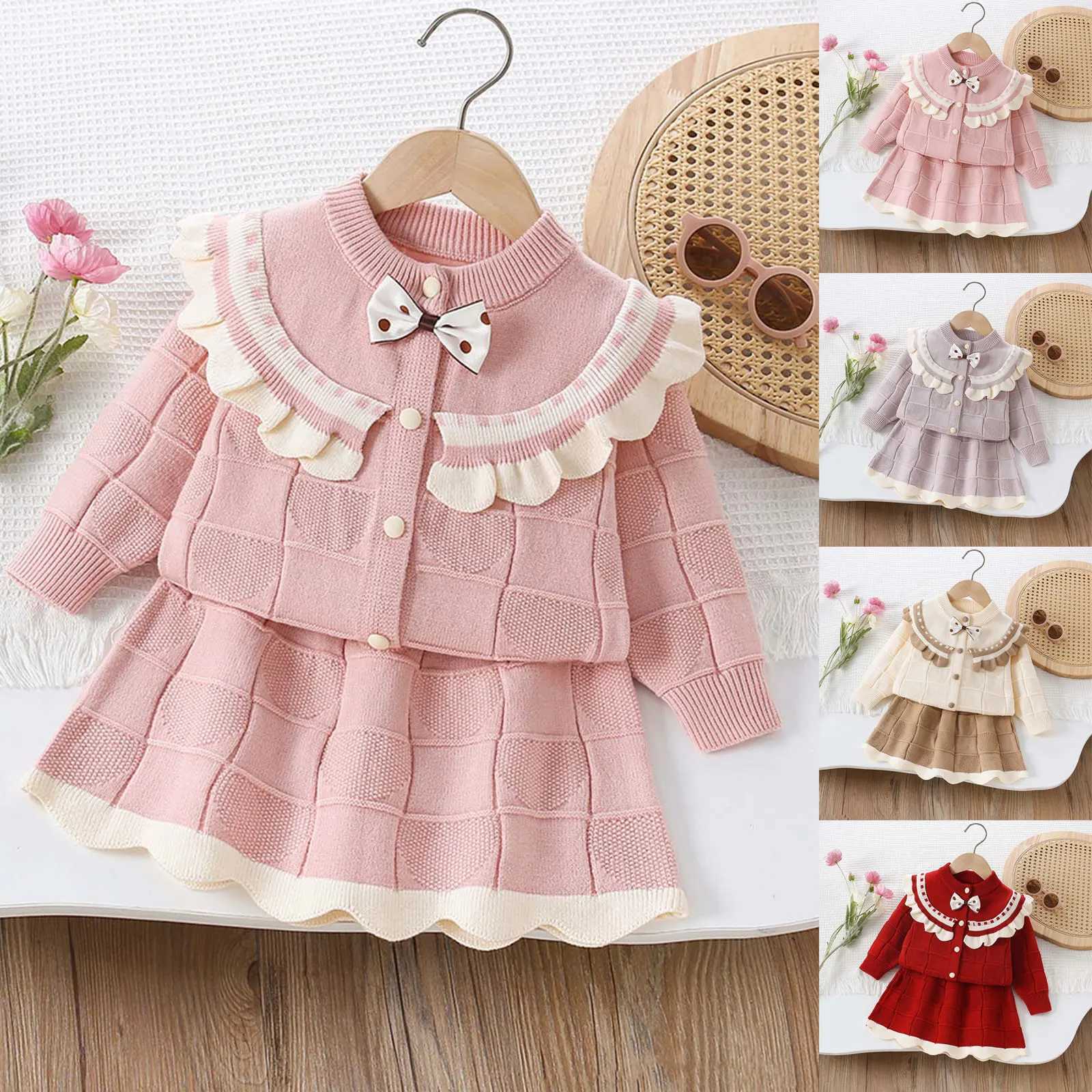Girls Comfortable And Warm Sweater Set Girls Fashionable And Sweet Knitted Cardigan Half Skirt Set Cotton Warm Clothing L250926EBES