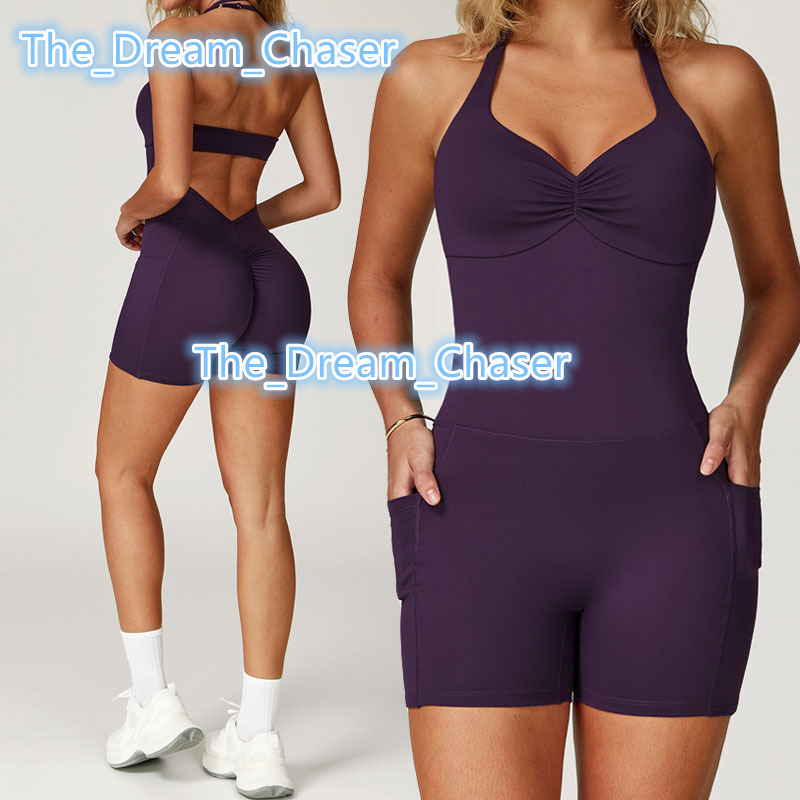 2025 New Design Halter Neck Sexy Back Women Jumpsuit Slim Fit Scrunch Butt Tummy Control Fitness Workout Playsuits With Pockets
