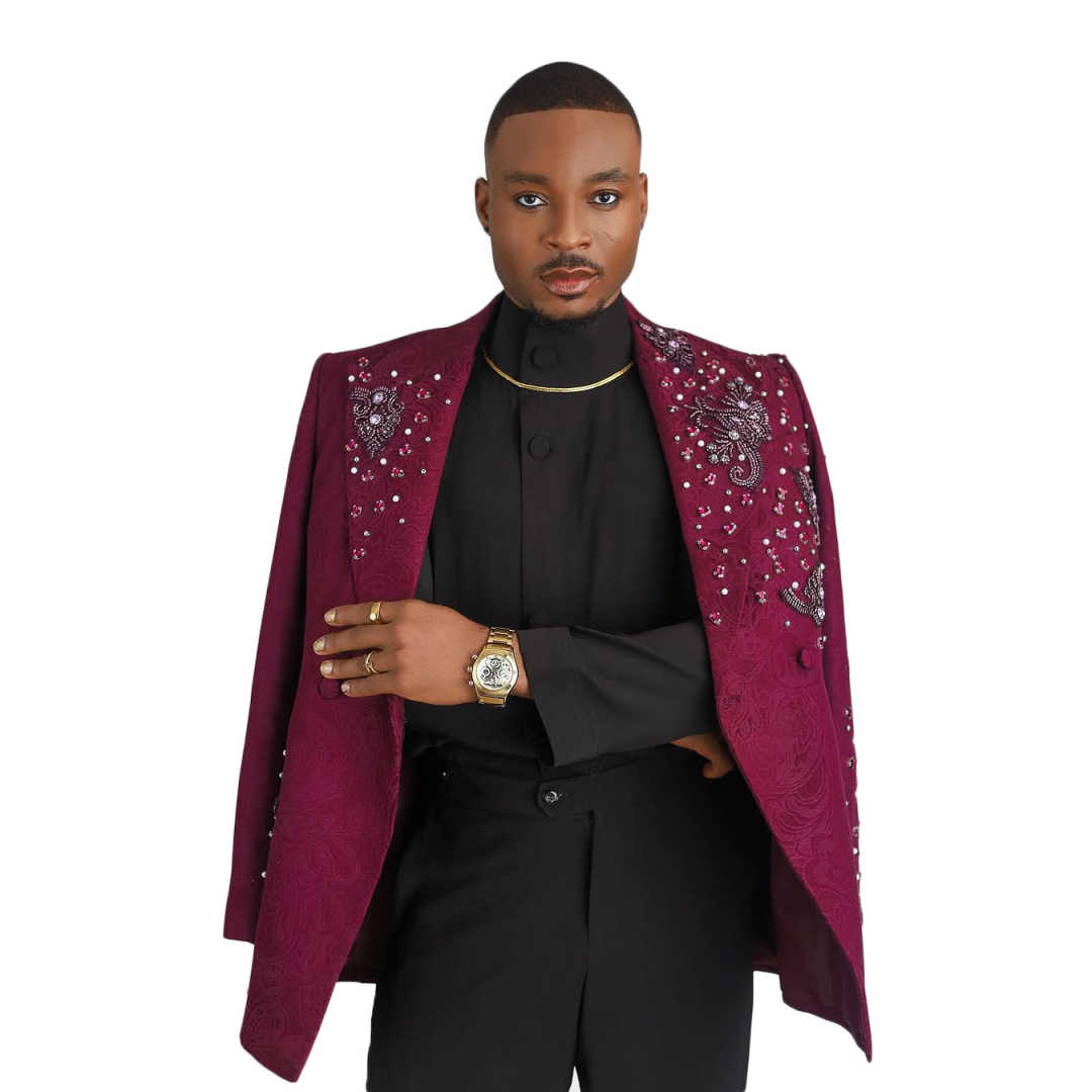 Shiny Men Suit 2 Pcs Blazer Pant Burgundy Double Breasted Crystal Applique Formal Office Groom Wedding Tuxedos Customized