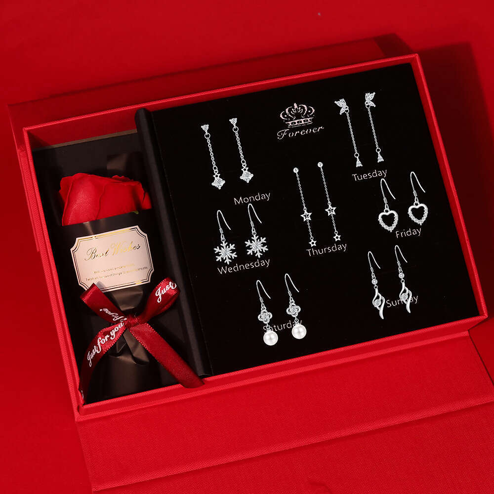 S999 Pure Sier Sparkling Dia Four-Leaf Clover Pearl Earrings Weekly Ear Studs Box Valentine's Day Birthday Gift