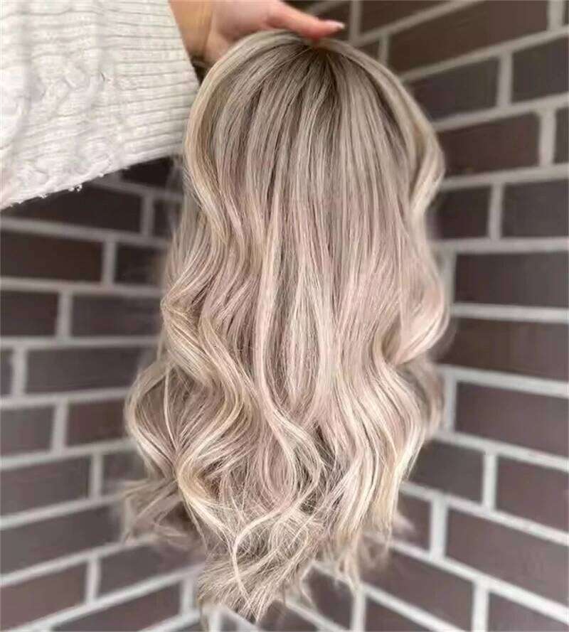 Invisible Transparent Ombre Platinum Blonde with Dark Roots Party Lace Front Wig Synthetic HD Wigs For Women 20''