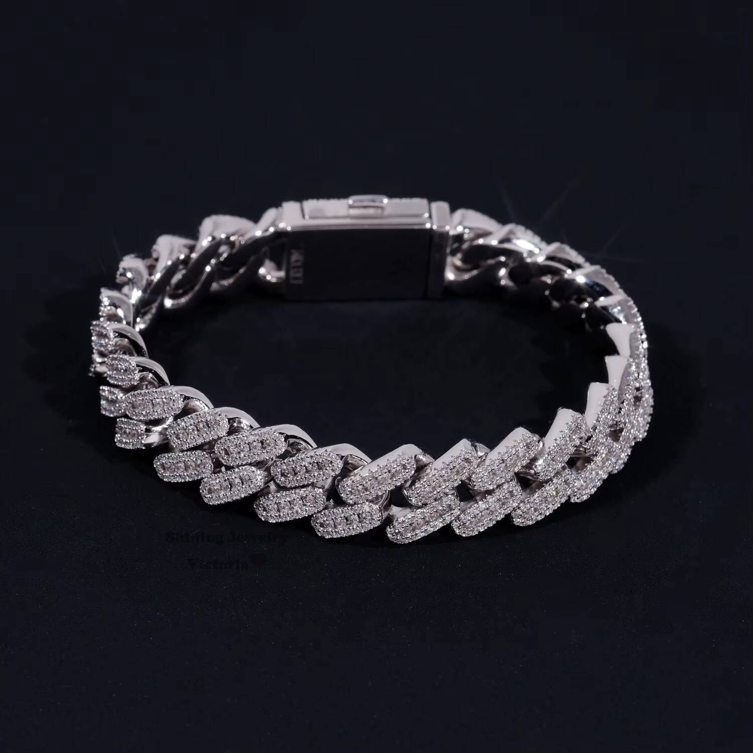 Iced Out Jewelry 13MM 925 Sterling Silver GRA Certificate Diamond Moissanite Cuban Link Bracelet Three Rows
