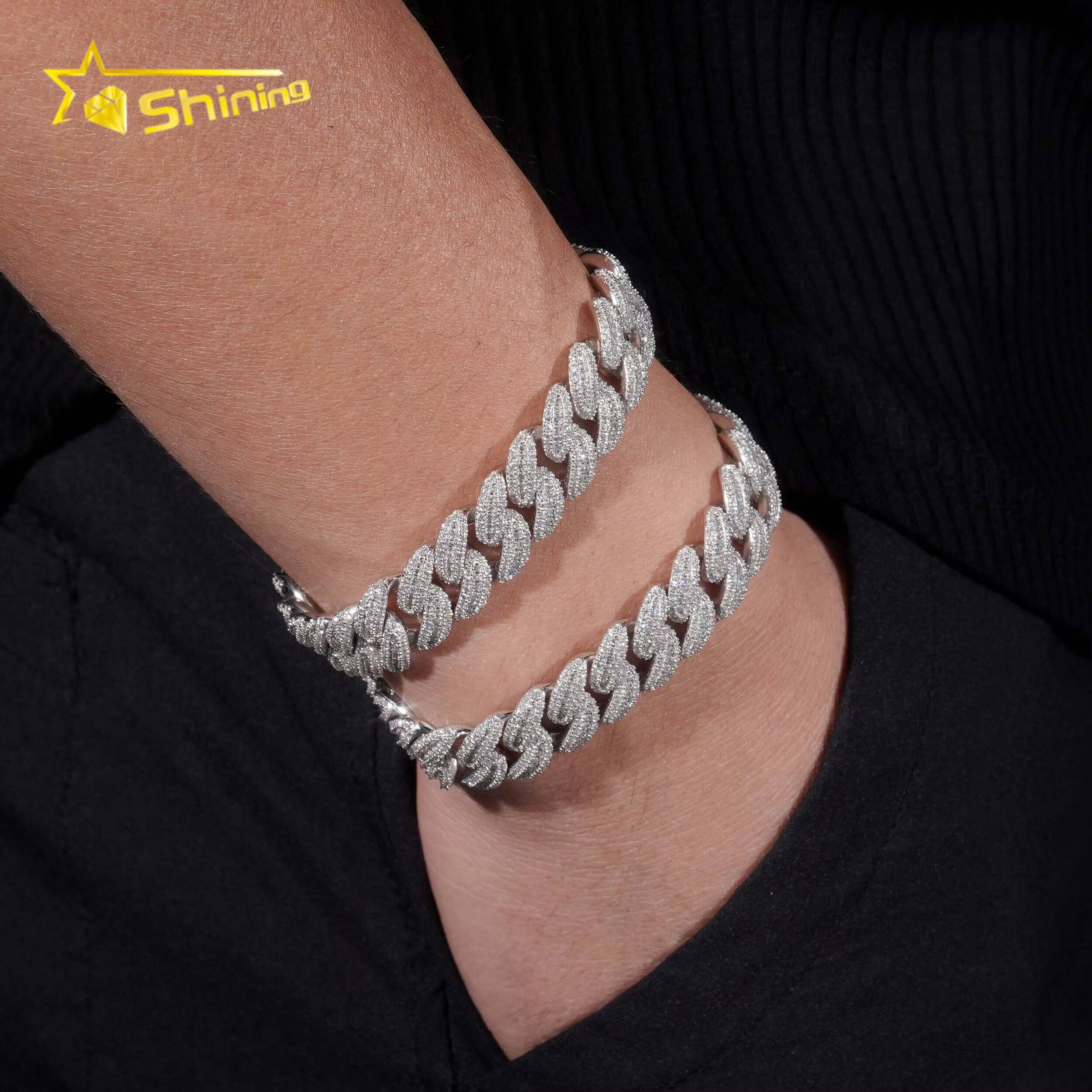 Hot Selling 13MM Moon Shape Cuban Chain Silver 925 Iced Out Hip Hop Jewelry Moissanite Cuban Link Bracelet Men