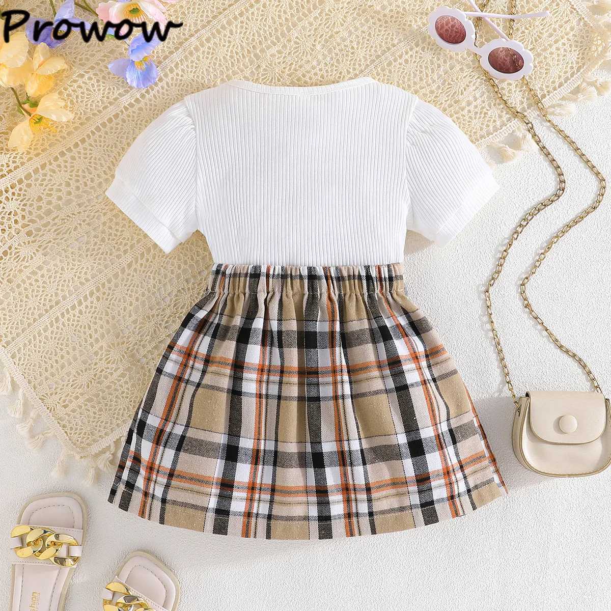 Prowow 37Y Girl School Outfits Short Sleeve Front Bowknot Tshirt and High Waist Plaid Skirt 2pcs Sets For Children Clothing L2509269IF7