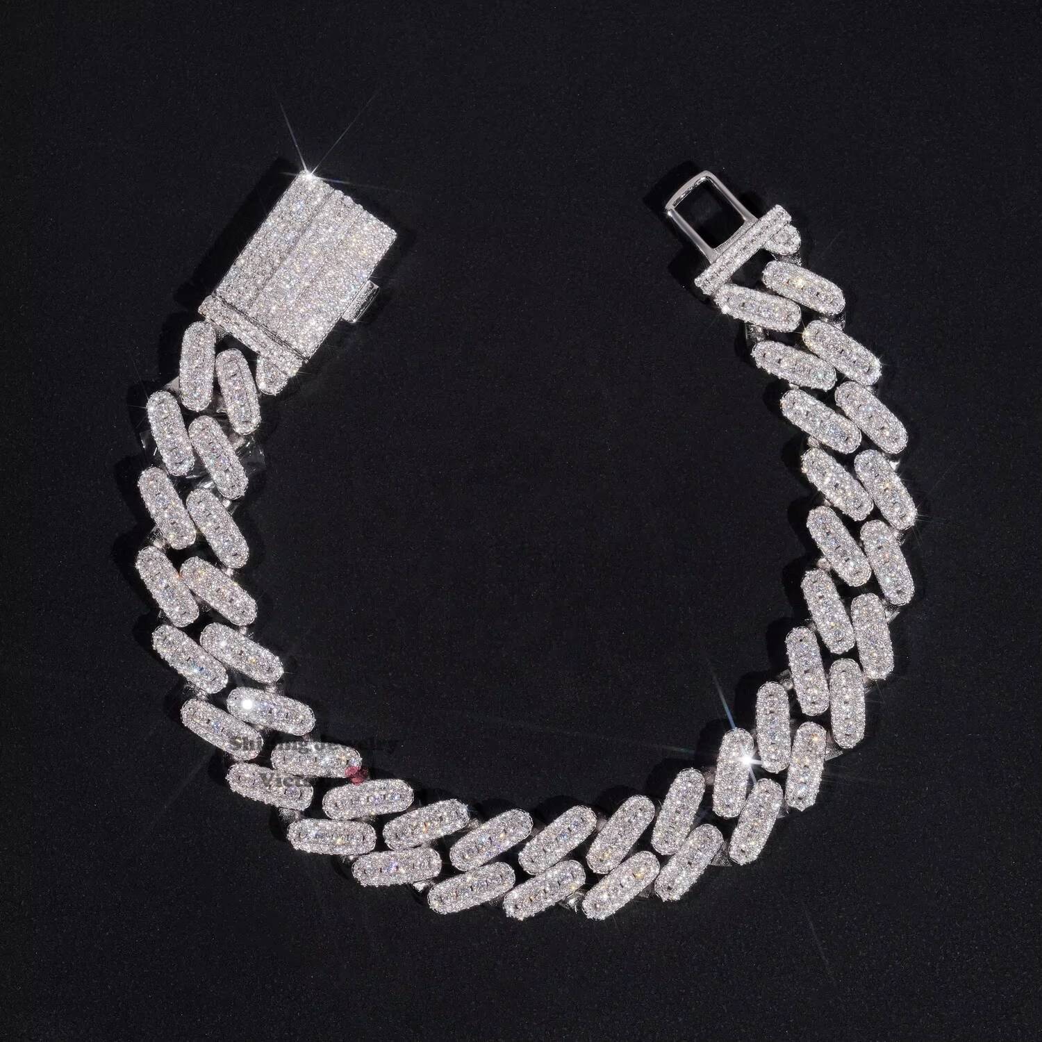 Iced Out Jewelry 13MM 925 Sterling Silver GRA Certificate Diamond Moissanite Cuban Link Bracelet Three Rows