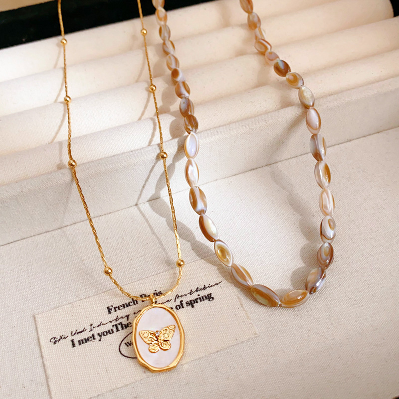Gold - Toned Beaded Chain Necklace With Mother - Of - Pearl And Butterfly Pendant Delicate Daily & Elegant Jewelry Gift For Her High - Quality And Chi