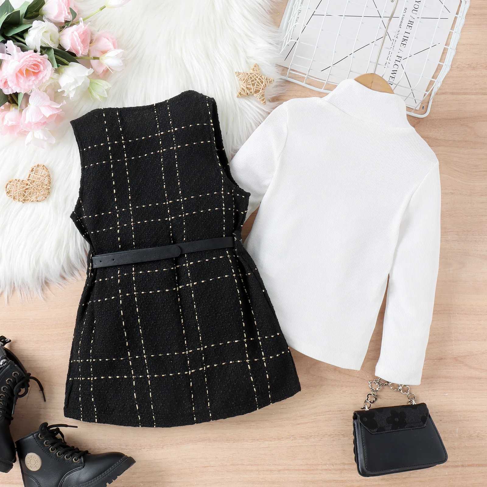 Temperament Black and White Children Dress Girl Suit Embroidered Vest Suit High Neck Long Sleeve Black Belt Threepiece Kid Kit L250926W2CA