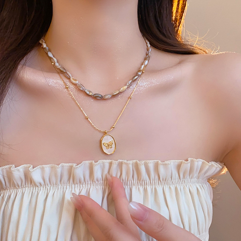 Gold - Toned Beaded Chain Necklace With Mother - Of - Pearl And Butterfly Pendant Delicate Daily & Elegant Jewelry Gift For Her High - Quality And Chi
