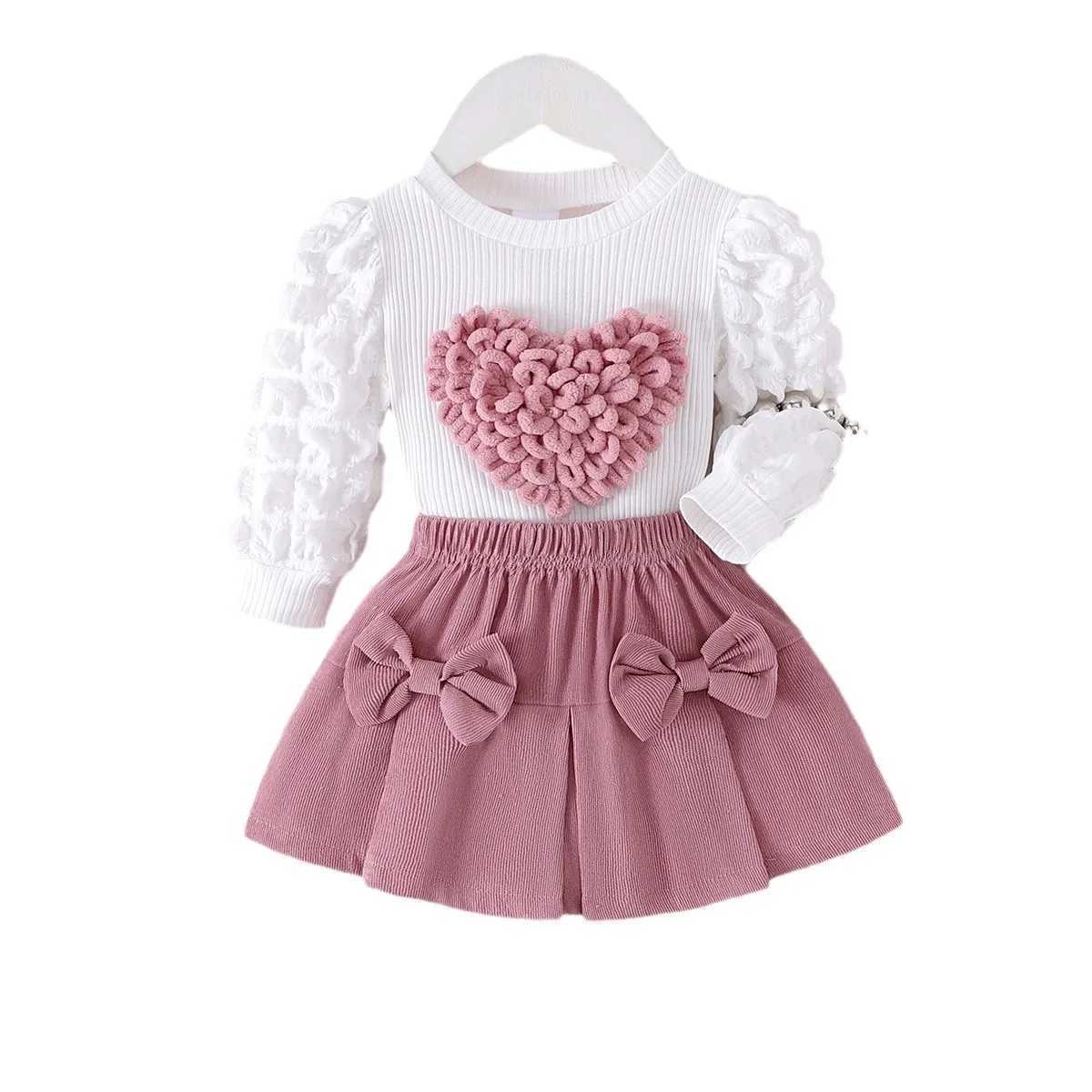 Kid Girl Adorable Outfit Two Piece Set White Top with Puff Ruffled Sleeve Heart Pattern Bow Children Casual Long Sleeve Skirt L250926756S