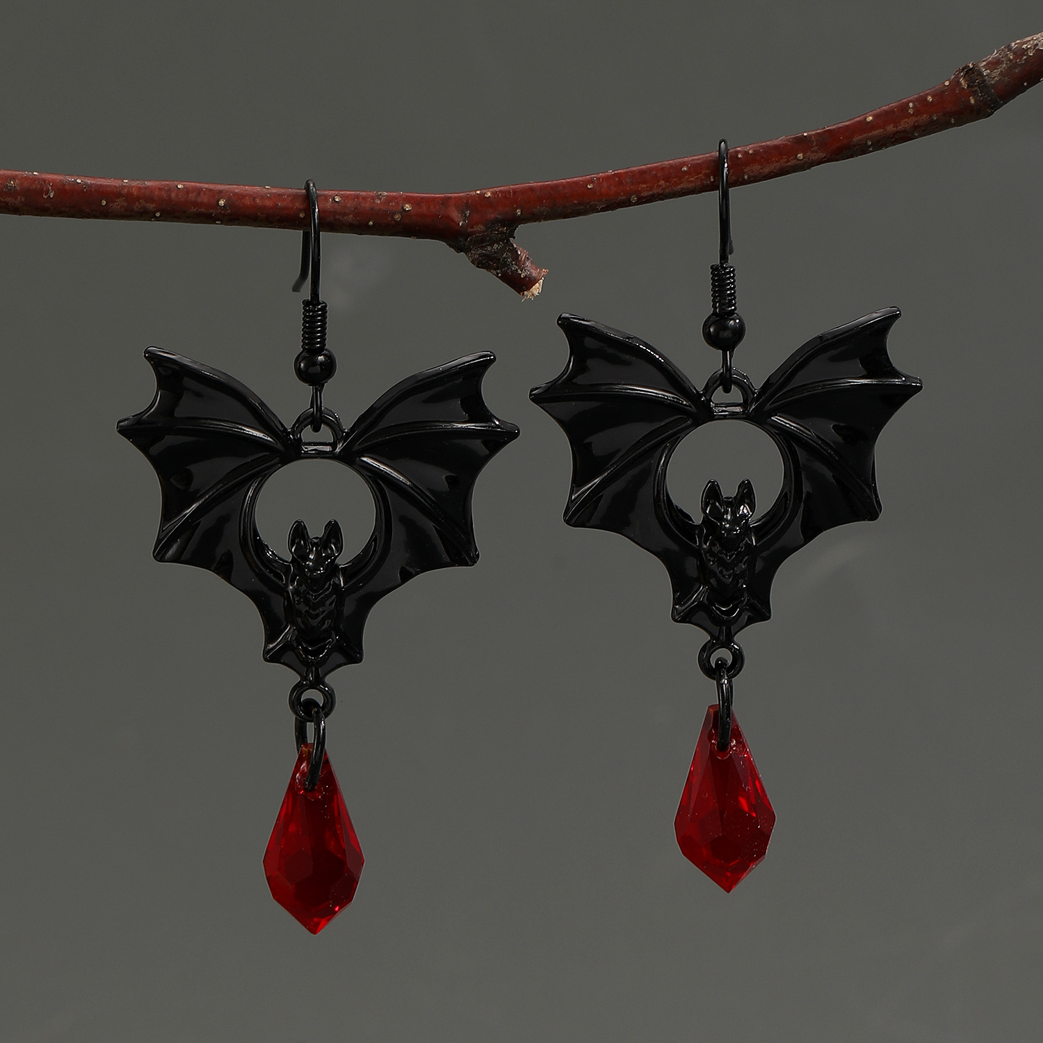 Dark Gothic Style Black Bat Red Crystal For Women Halloween Earrings
