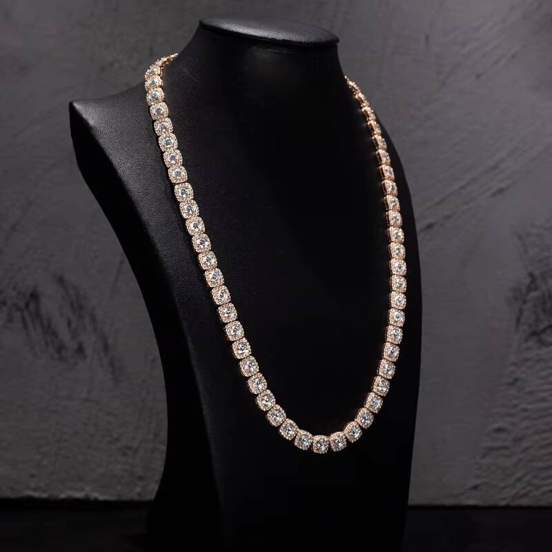 Hot Sale Hiphop Necklaces 925 Sterling Silver Rose Gold Plated Hip Hop Iced Out 8mm Moissanite Clustered Tennis Chain Men